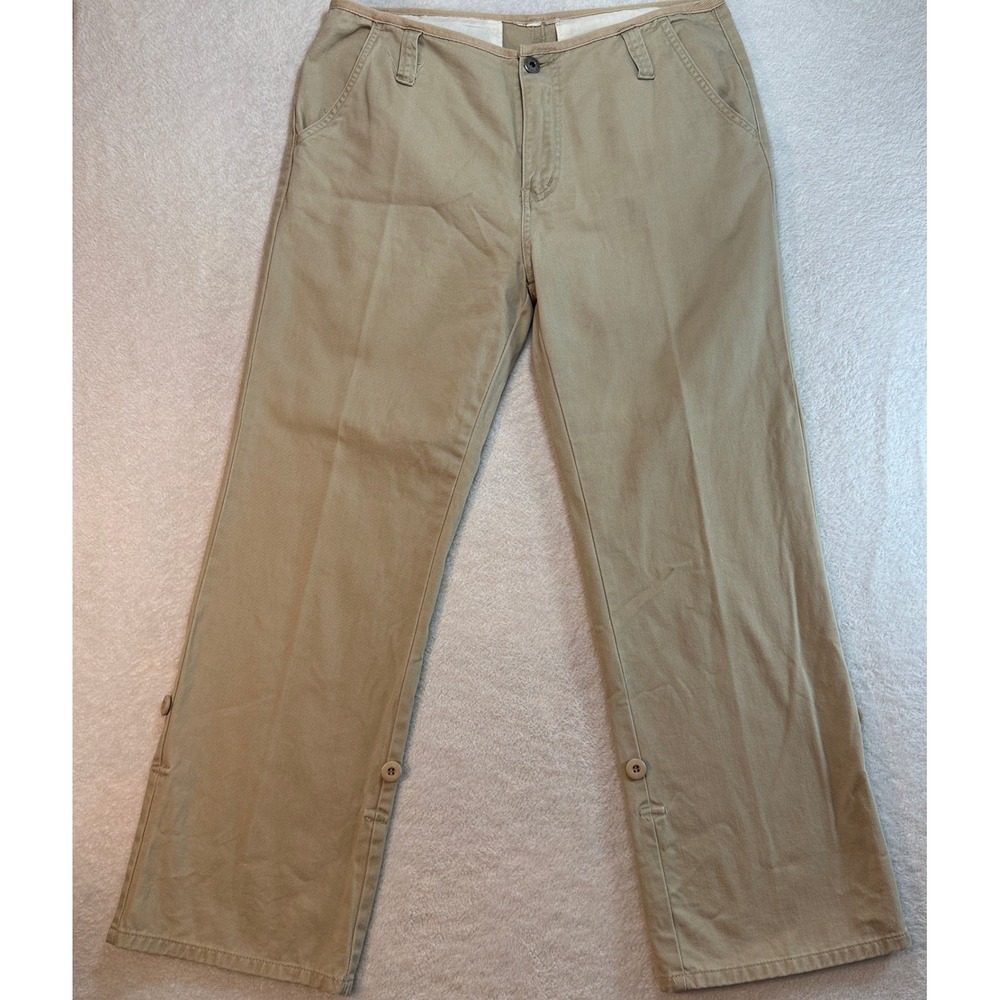 Ethyl Khaki Straight Leg Pants Tan Twill Button Hem Detail Size 10